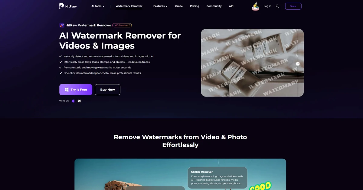 HitPaw Watermark Remover官网首页,展示图片与视频AI去水印功能