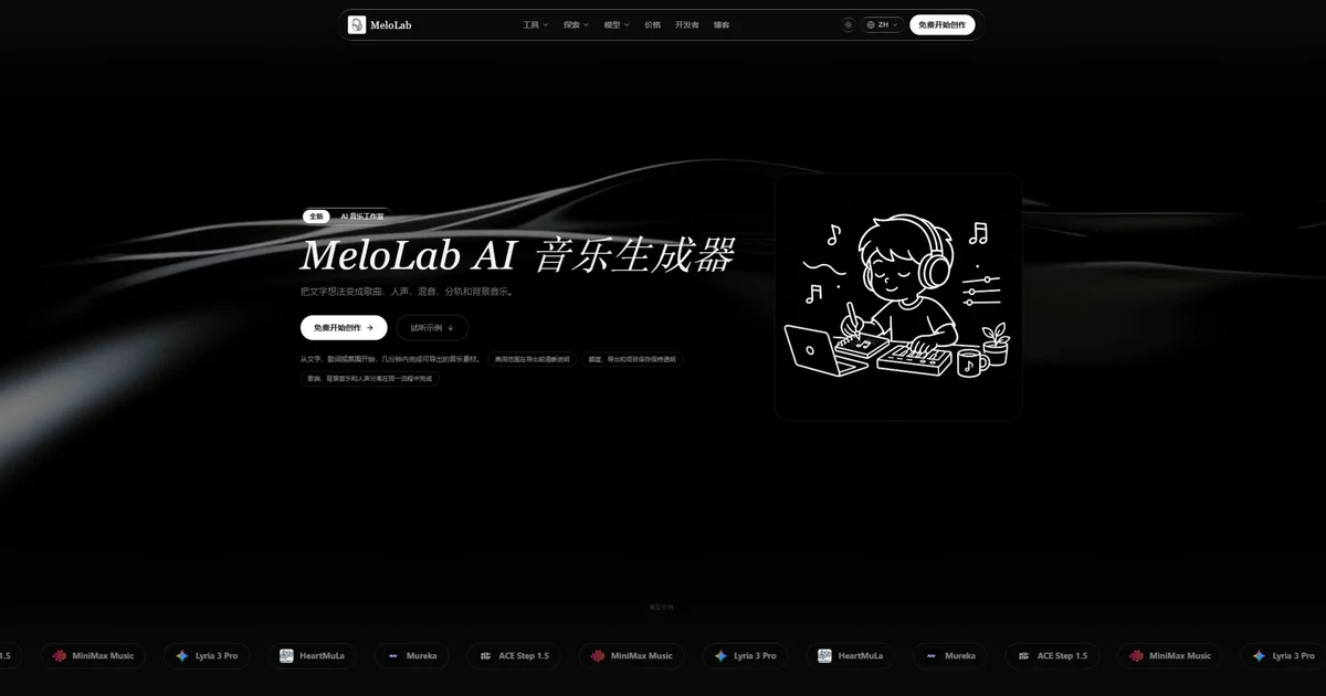 MeloLab官网首页,展示AI音乐生成、人声、混音、分轨和背景音乐功能