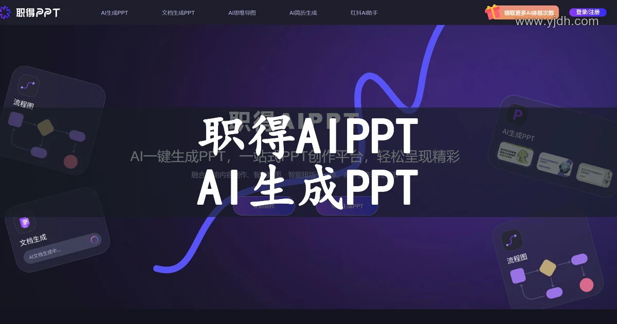 职得AIPPT 官网首页,展示 AI 生成 PPT 和文档生成 PPT 的创作入口