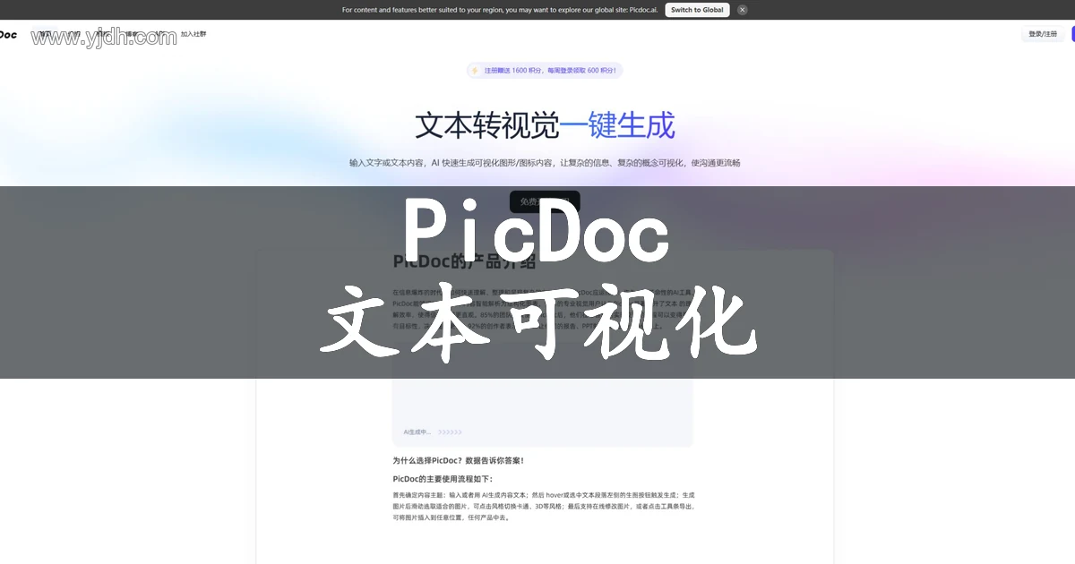 PicDoc 文本转视觉官网首页,展示文字生成可视化图形的用途