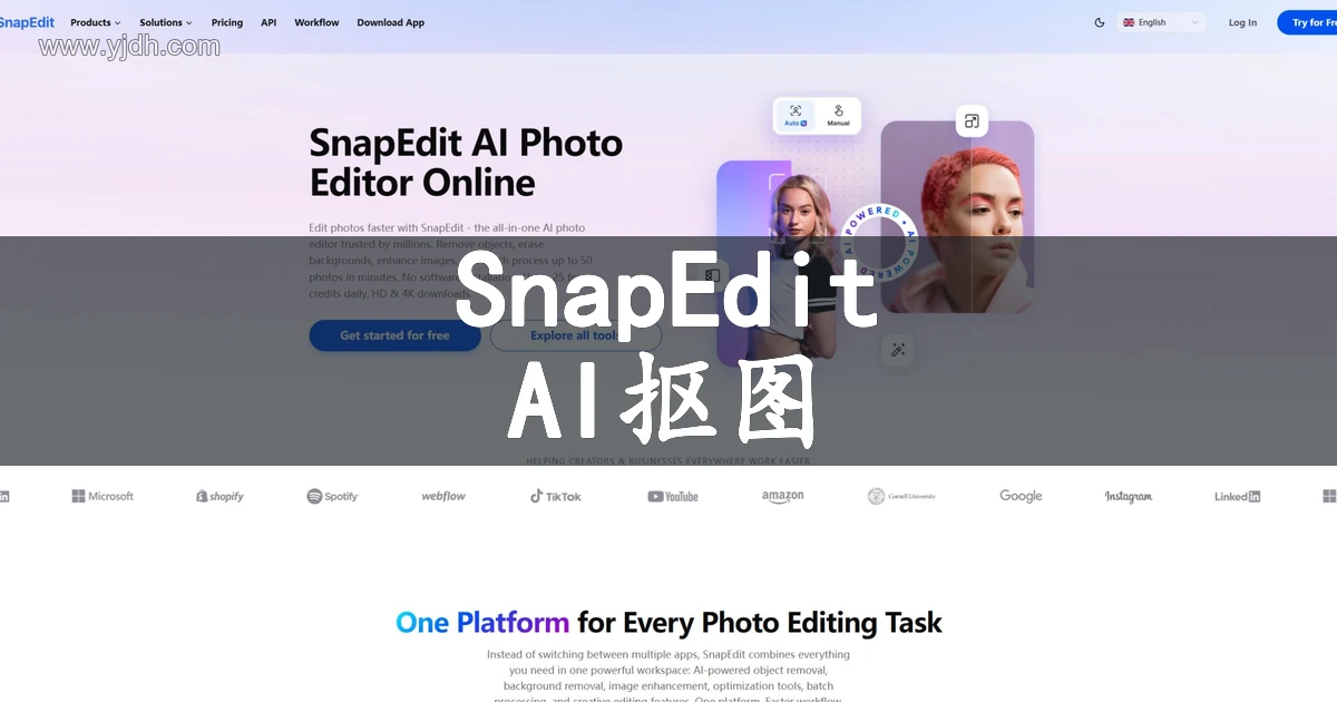 SnapEdit AI图片编辑器官网首页,展示对象移除与照片增强功能