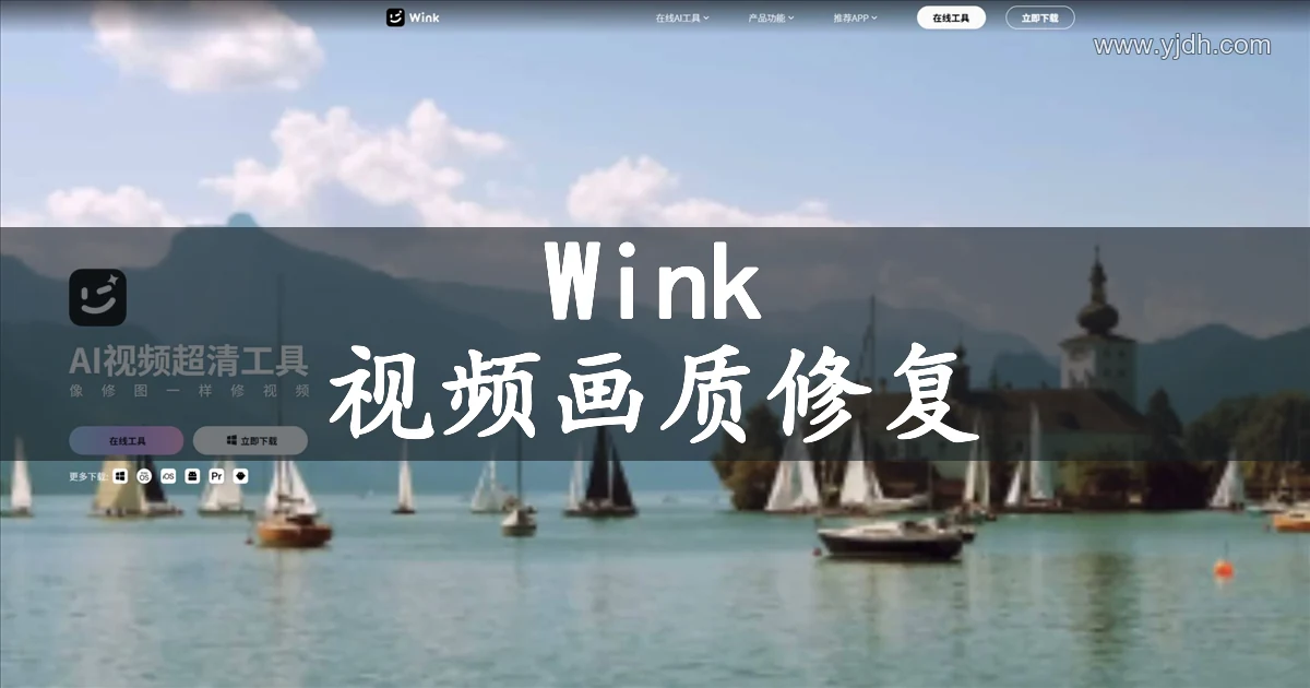 Wink 公开视频工具页面，展示视频画质修复入口和影像编辑界面