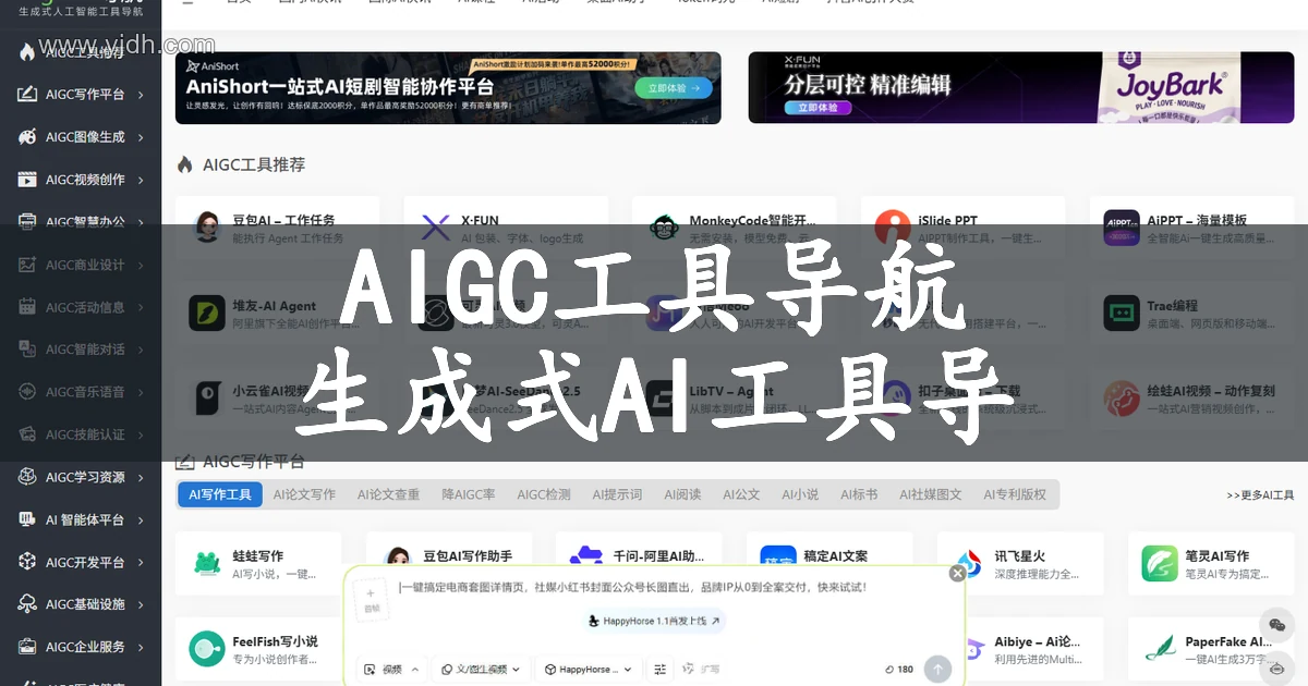 AIGC工具导航首页截图，可见生成式AI工具导航和多类AI工具入口