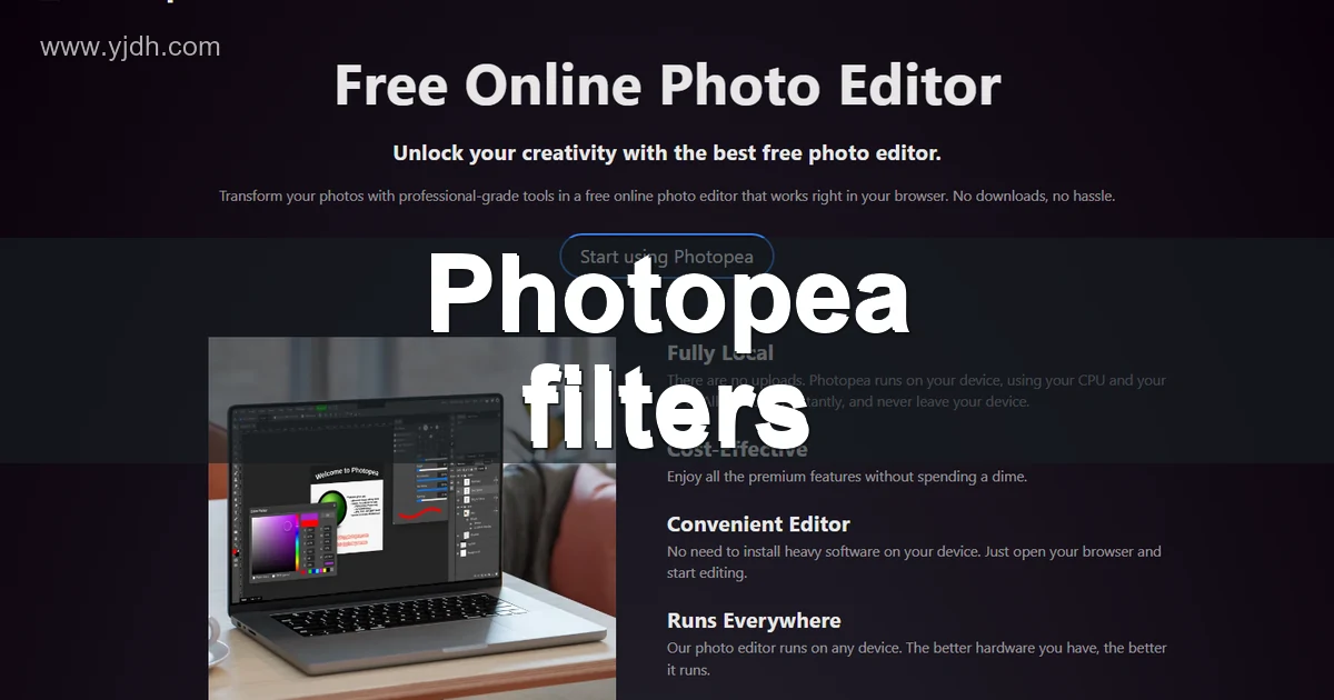 Photopea 官方首页截图，展示 Online Photo Editor 与照片编辑、效果、滤镜等核心能力