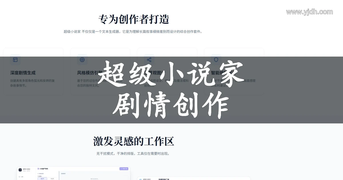 超级小说家功能页面,展示剧情生成、世界观图谱与智能编辑功能