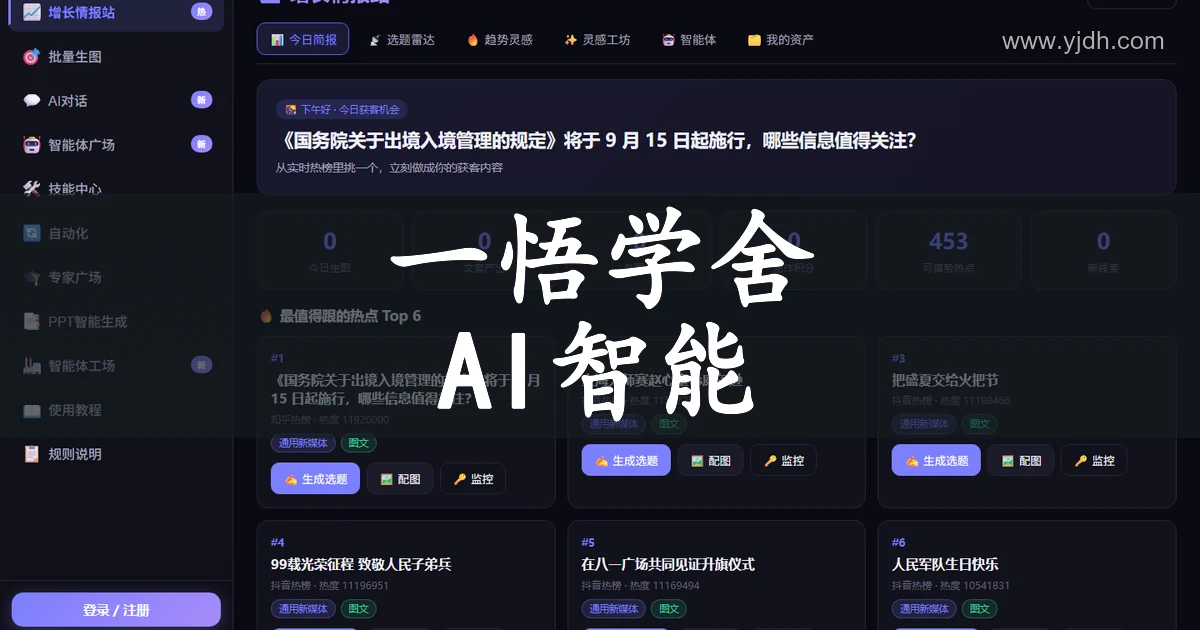 一悟学舍官方公开页面截图,显示AI智能平台及增长情报站等入口