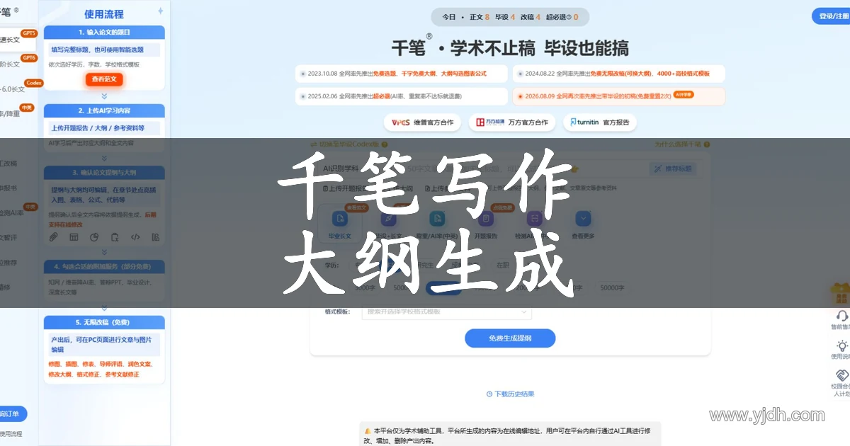 千笔写作官网首页,展示材料上传、提纲生成及学术文稿编辑入口。