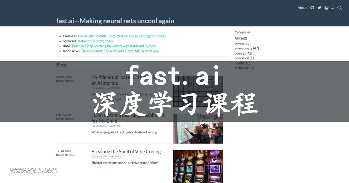 fast.ai官网首页,展示深度学习课程、开源软件入口及技术博客。