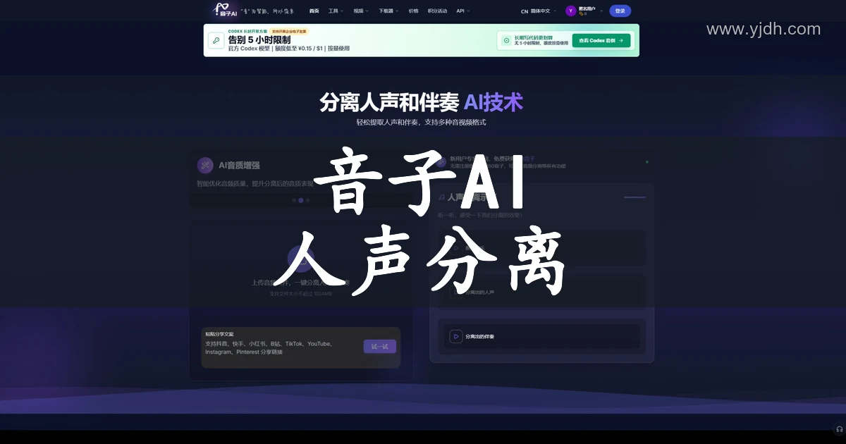 音子AI官网公开页面,展示人声分离及相关服务入口